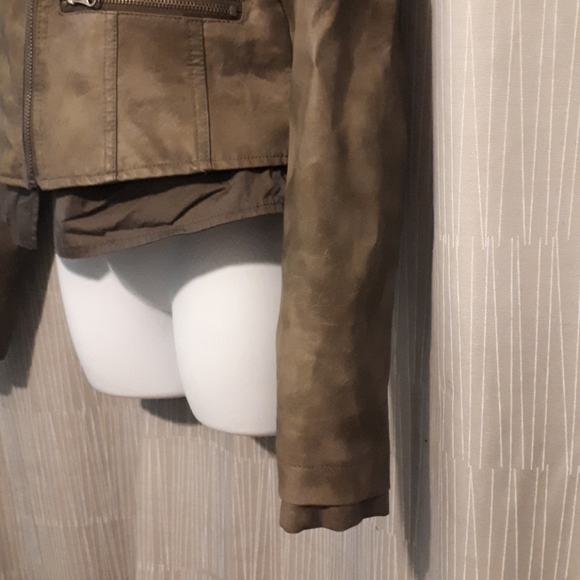 Khaki Faux Leather Hooded Bomber Jacket sz Large - Picture 3 of 7